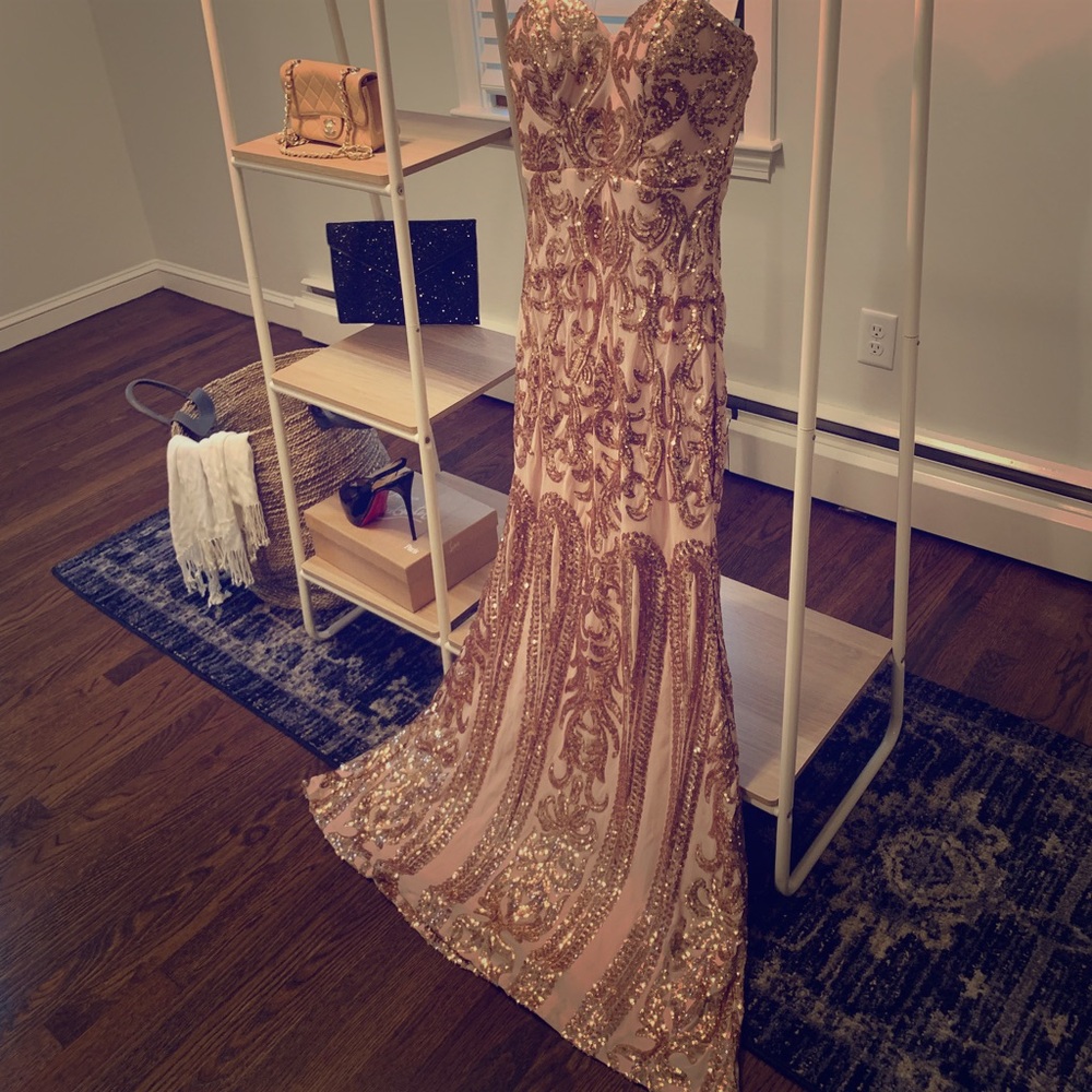 Lulus pink with rose gold accents, formal gown.